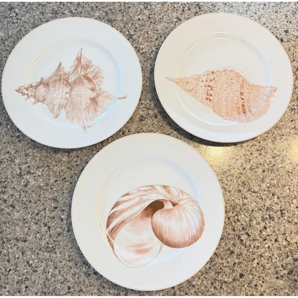 Fitz Floyd Coquille Seashell Dinner Plates Set 3 Coastal Nautical VTG Seashell